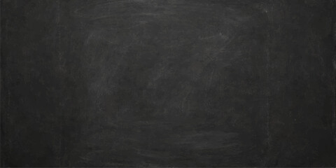 A vintage dark grunge blackboard with a rough textured surface and blank chalkboard pattern on an old black wall backdrop © MDNUR