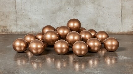 A glistening cluster of bronze spheres of varying sizes rests upon a reflective surface against a textured background