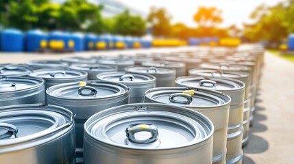 A large collection of empty metal and plastic storage barrels arranged in rows outdoors ready for industrial use