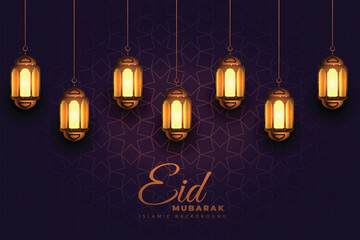 Eid Mubarak Greeting Design with Hanging Golden Lanterns and Geometric Islamic Pattern on Dark Purple Background
