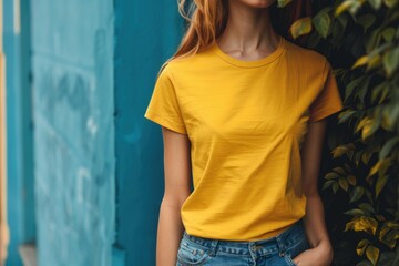 Fototapeta premium Young stylish woman wearing yellow t shirt and jeans is posing near the blue wall and green leaves