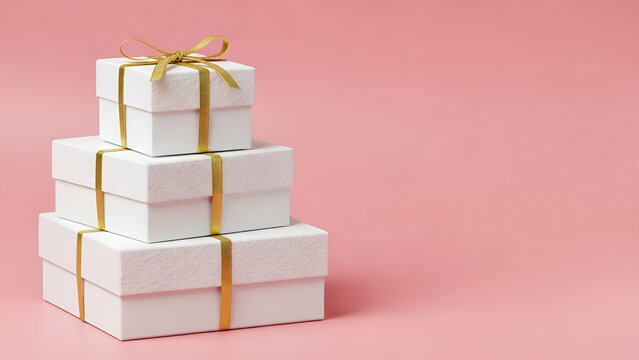 Stack of three white luxury gift boxes tied with golden ribbon and bow on a pink background with copy space