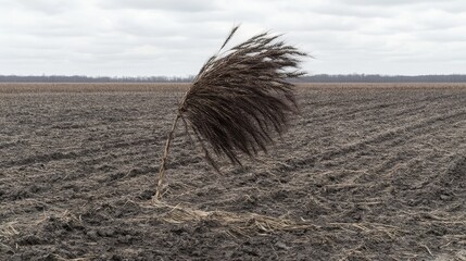 A single dry stalk of grain sways gently in a vast desolate field under a cloudy sky