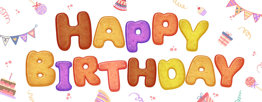 Happy Birthday Banner, Cute Colorful Cookie Font, Birthday Background Art