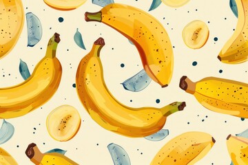 Seamless pattern repeating background of ripe yellow bananas and slices with blue leaves on beige background