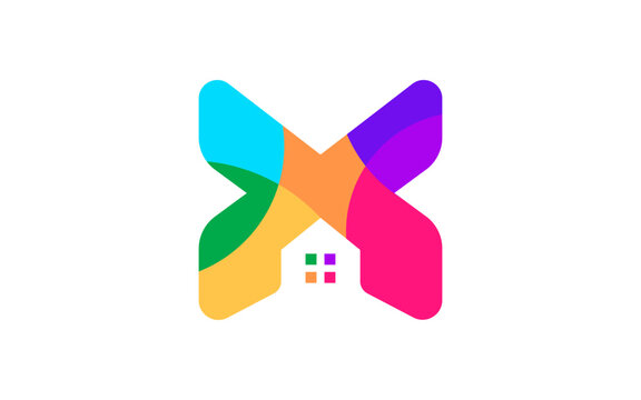 M letter dynamic logo shaped like wings, with a house formed in negative space at the center. With vibrant colorful pattern design symbolizes protection, growth, and modern living for innovative brand