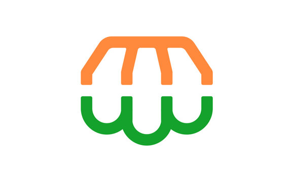 Shop canopy design simple line logo featuring a two-tone color. Clean and modern illustration represents retail, storefront, creating a friendly and professional identity for shops and small business.