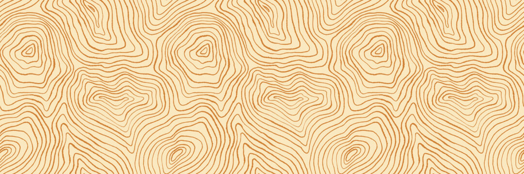 Golden abstract wooden texture seamless pattern background. Beige neutral organic banner with crayon texture wave pattern. Abstract geometric dynamical rippled surface. Doodle topographic line map.
