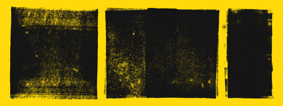 Linocut printmaking texture set on yellow background. Rough ancient aged rolled ink texture. Rectangle stamp vector ink shapes. Ink roller background with aged rough edges. X-ray effect.