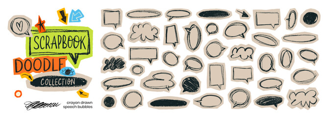 Fototapeta premium Craft scrapbook speech bubbles with crayon scribbles and pencil texture. Hand drawn outline dialogue bubbles with torn paper rough edges. Chat speech boxes, chalk drawn oval and clouds.