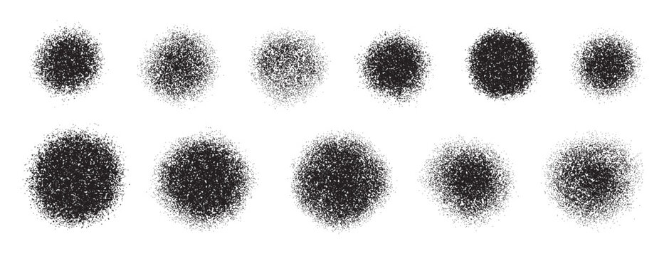Gradient dissolve noise circles and dots collection. Dust grainy round shape with stipple effect. Hand drawn vector aerosol effect. Dotted grunge graffiti circles and round shapes. Dust texture.