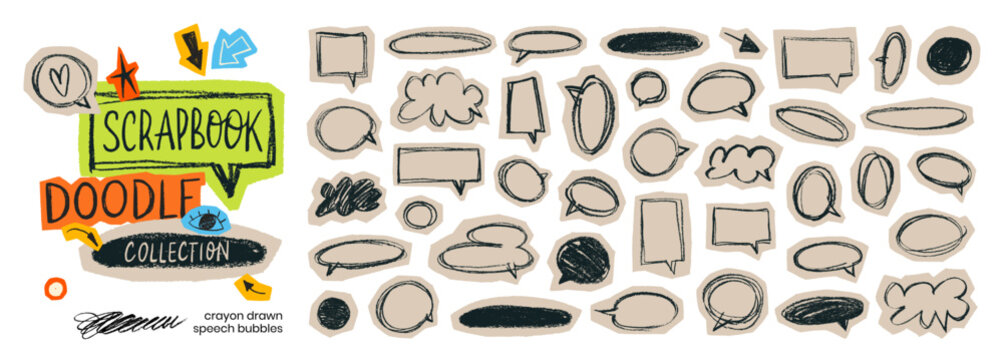 Craft scrapbook speech bubbles with crayon scribbles and pencil texture. Hand drawn outline dialogue bubbles with torn paper rough edges. Chat speech boxes, chalk drawn oval and clouds.