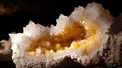 Close up view of sparkling yellow and white crystal formations inside a rough unpolished geode