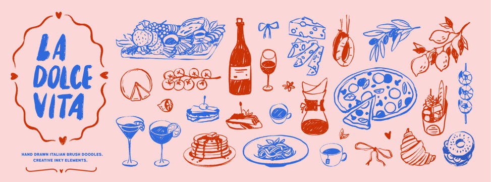 Crayon or brush drawn doodle sketch Italian brunch clipart set. Hand drawn food ink illustration with poster template. Doodle sketch whimsical mediterranean brunch, picnic or dinner illustration.