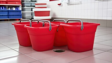 Red plastic buckets with metal carrying handles are arranged in a row on a tiled surface