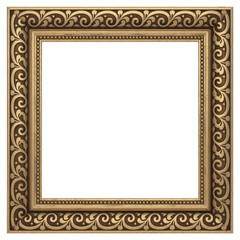 A richly decorated antique golden picture frame features intricate scrollwork on a black background.