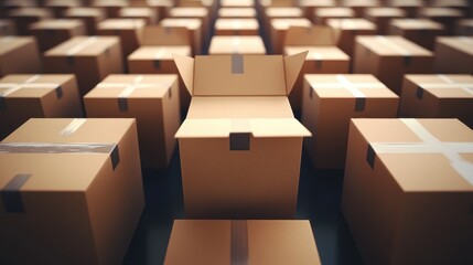 Rows of identical unbranded factory made cardboard boxes neatly stacked for industry and commerce