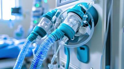 Close up of a modern medical ventilator machine with blue and teal tubing and connectors for patient respiratory support
