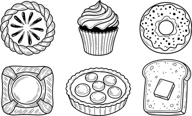 Delicious desserts and baked goods in black and white