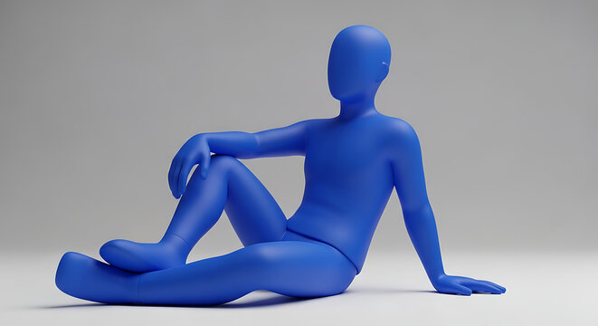 Blue minimalist human figure in a relaxed sitting pose on a white surface with a grey background, rendered in 3D.
