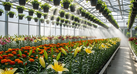 Rows of colorful flowers bloom inside modern greenhouse structure. Green stems, buds of lilies grow, marigolds, plants cultivated in pots overhead. Sunlight streams through glass ceiling