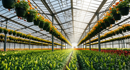 Rows of colorful flowers bloom inside modern greenhouse structure. Green stems, buds of lilies grow, marigolds, plants cultivated in pots overhead. Sunlight streams through glass ceiling