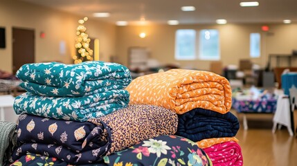 Stacks of folded blankets in assorted patterns and colors prepared for emergency shelter and comfort