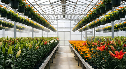 Rows of colorful flowers bloom inside modern greenhouse structure. Green stems, buds of lilies grow, marigolds, plants cultivated in pots overhead. Sunlight streams through glass ceiling