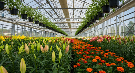 Rows of colorful flowers bloom inside modern greenhouse structure. Green stems, buds of lilies grow, marigolds, plants cultivated in pots overhead. Sunlight streams through glass ceiling