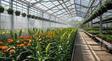 Rows of colorful flowers bloom inside modern greenhouse structure. Green stems, buds of lilies grow, marigolds, plants cultivated in pots overhead. Sunlight streams through glass ceiling