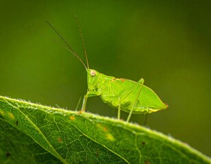 Fototapeta premium A Green Grasshopper: A close-up shot of a vibrant green grasshopper perched delicately on a leaf, perfectly camouflaged in its verdant surroundings.