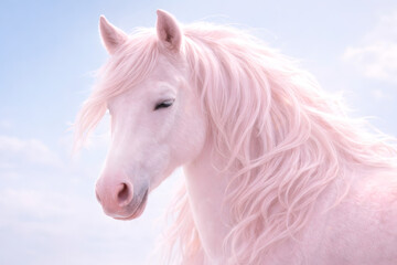 Obraz premium Majestic pink horse with flowing mane against blue sky background