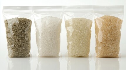 Various rehydration salts and electrolyte packets displayed in clear plastic packaging on a white background