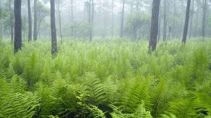 Vibrant green ferns emerge from gentle morning mist in a tranquil forest landscape