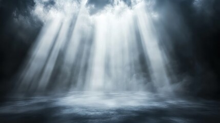 Powerful divine light beams break through stormy clouds illuminating a mystical atmospheric scene