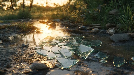 Obraz premium Scattered shards of broken glass glinting on a wet mud path with golden sunlight reflecting