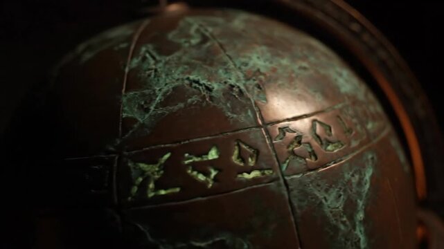 Close-up of antique copper globe with carved ancient script, patina, and warm fire light, depicting travel and history.