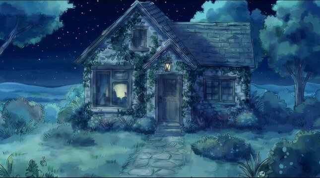 cartoon night landscape with house, camera flying closer, parallax, looped animation