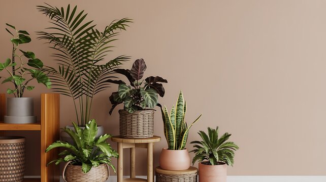 Collection of diverse indoor houseplants creating a vibrant, modern green corner in a minimalist home interior