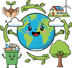 Fototapeta premium Happy Earth with Recycling, Renewable Energy and Nature Icons, Environmental Awareness Cartoon Vector Illustration