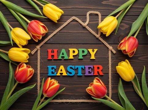 Happy Easter message in colorful letters inside a rope house frame. Flat lay of spring tulips on a dark wooden background. Festive holiday greeting card concept