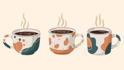 Obraz premium Three ceramic mugs of hot steaming coffee or cocoa decorated with unique abstract patterns in earthy tones of orange, teal, and beige.