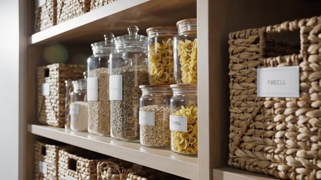 Organized Pantry Shelves With Woven Baskets And Glass Jars Filled With Dry Goods