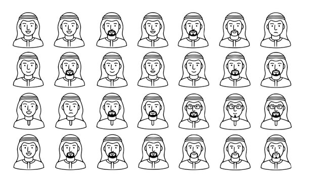 Arabian Businessman Jubba and Pagri Monochrome Outline Action Icon Set