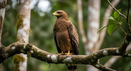 A brown eagle perched on a tree branch in a forest