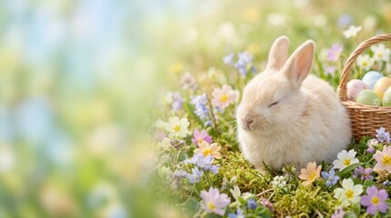 Fototapeta premium Happy easter 2026 celebration banner with wicker basket and pastel eggs in a clean april nature environment