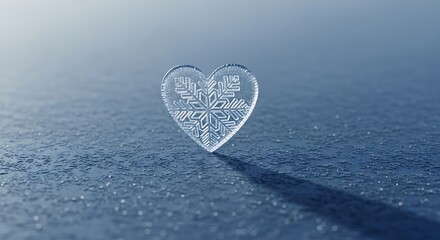 Fototapeta premium valentines day A delicate heart-shaped ice crystal with a snowflake design sits on a frosty surface.