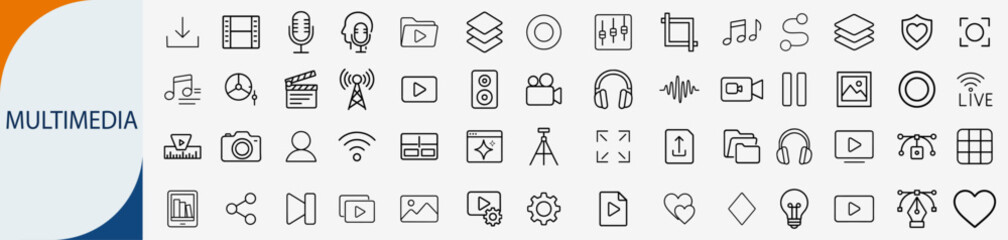 Multimedia and video production icons set, line symbols for digital media entertainment camera and broadcasting vector illustration