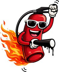 Dynamische digitale Illustration eines coolen Feuerl&ouml;schers als actionreiche Cartoon-Figur mit Flammenantrieb und Sonnenbrille