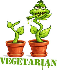 Humorvolle digitale Illustration einer fleischfressenden Pflanze als vegetarische Cartoon-Topfpflanze